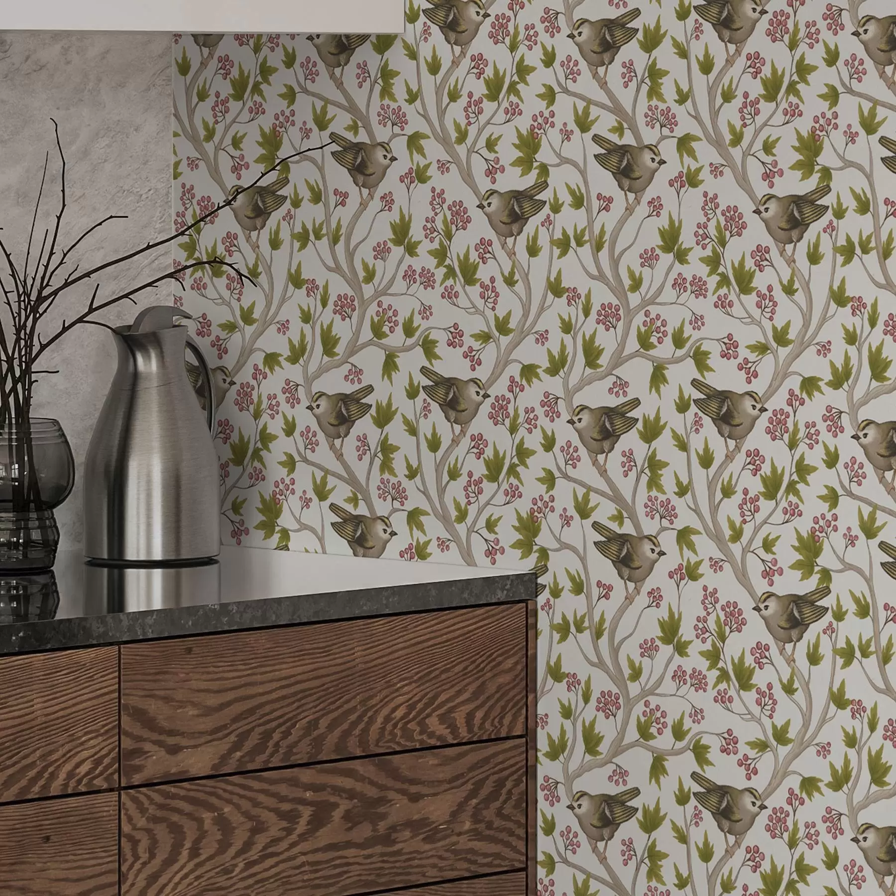 Фототапет Птици върху клони с листа и плодове на бял фон a00283