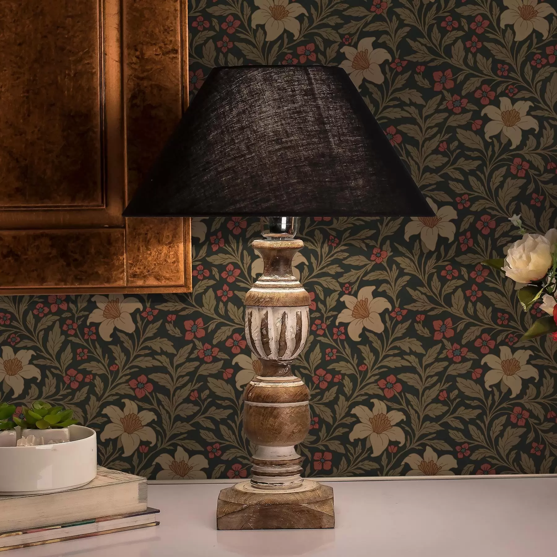 Фототапет Тъмен фон с жълти и червени цветя в стил ар нуво a00293