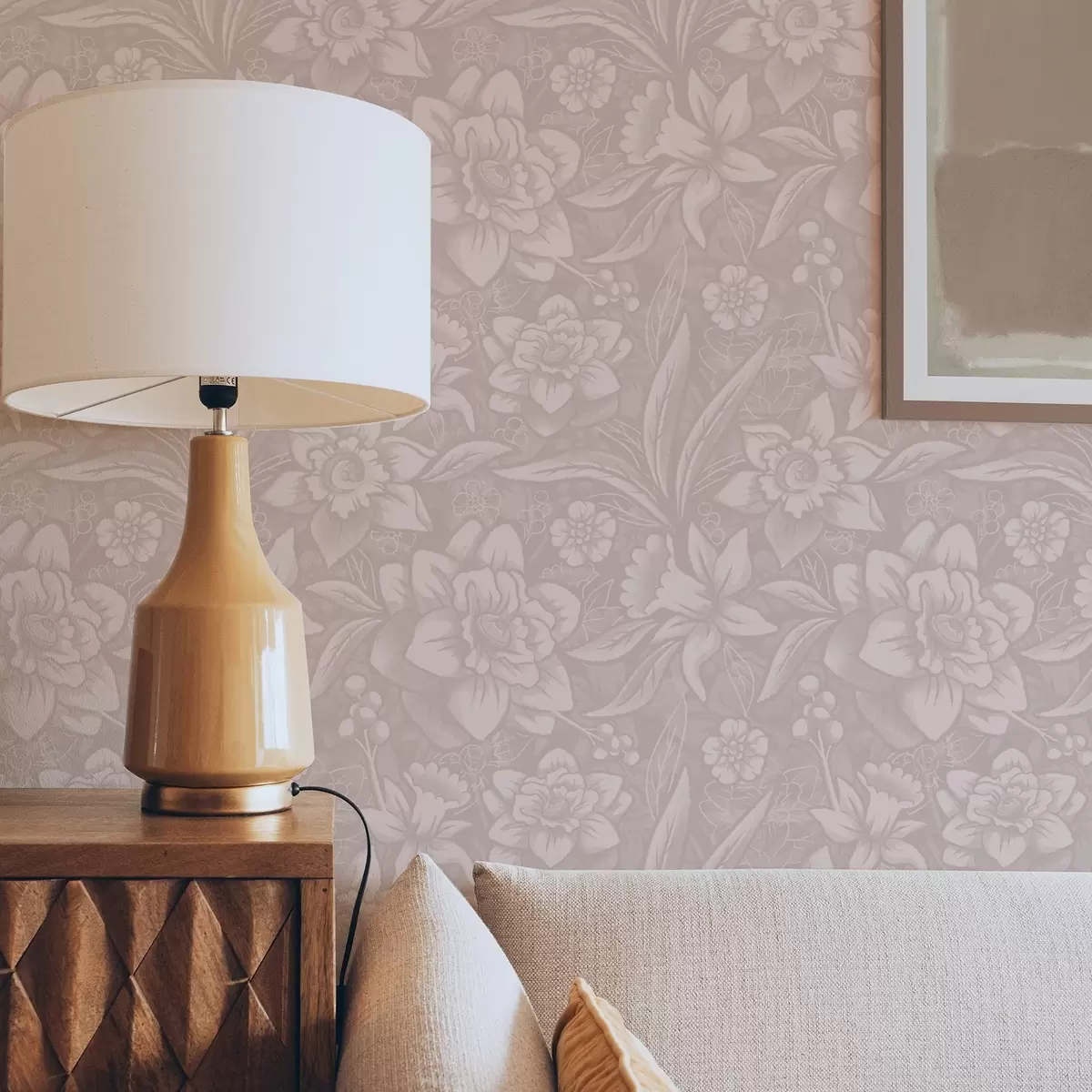 Тапети Монохромен флорален дизайн с нарциси на кремав фон a00294