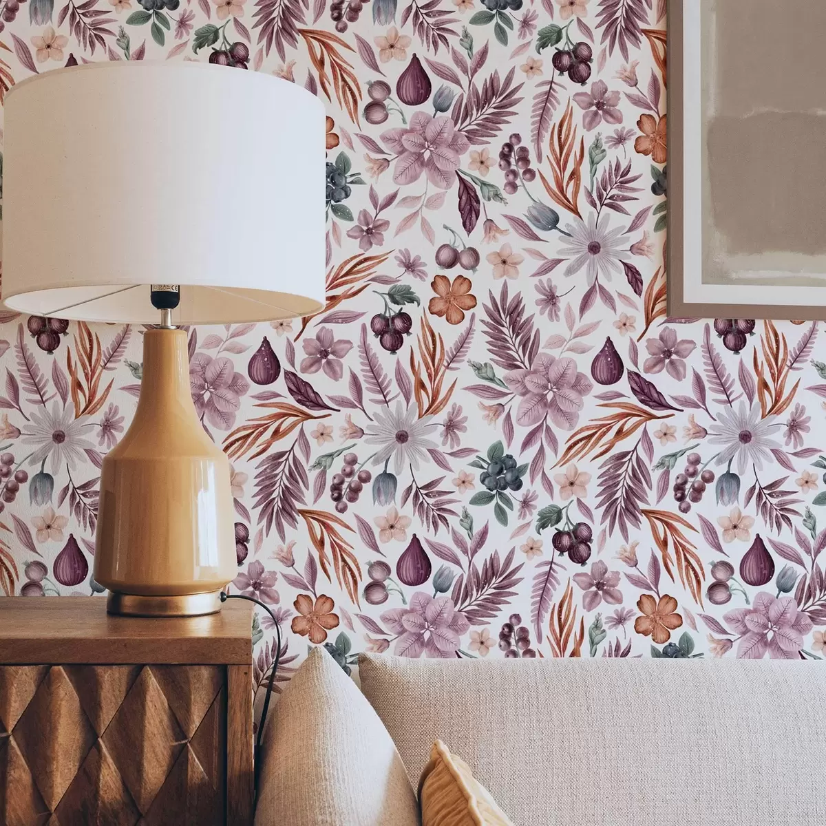 Тапети Ярки плодове, цветя и листа в акварелен стил a00298