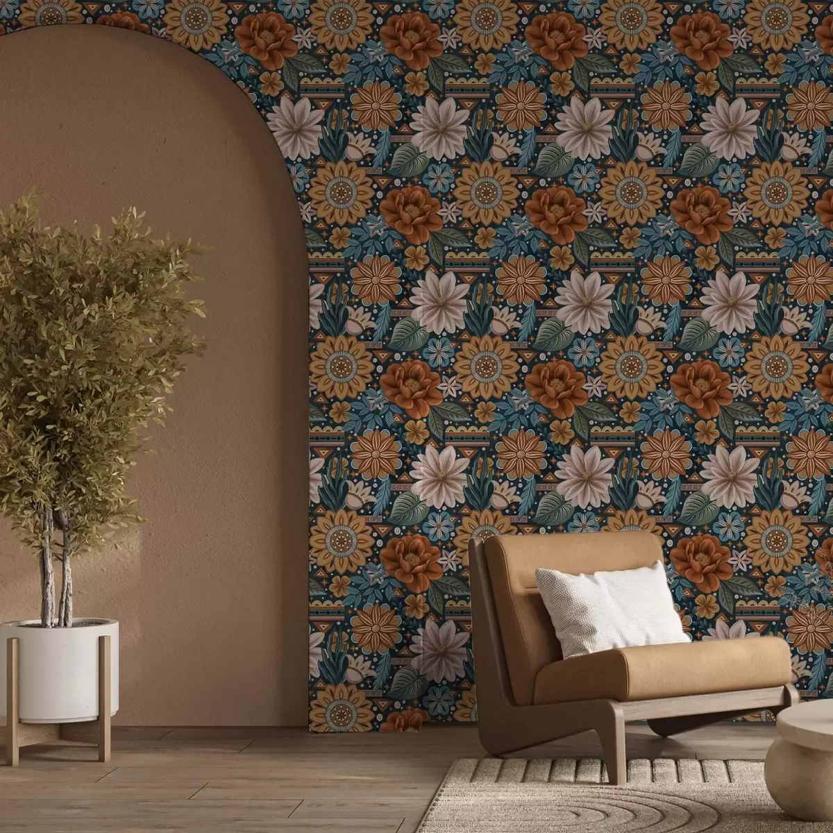 Тапети Ярки декоративни цветя с геометрични елементи a00305