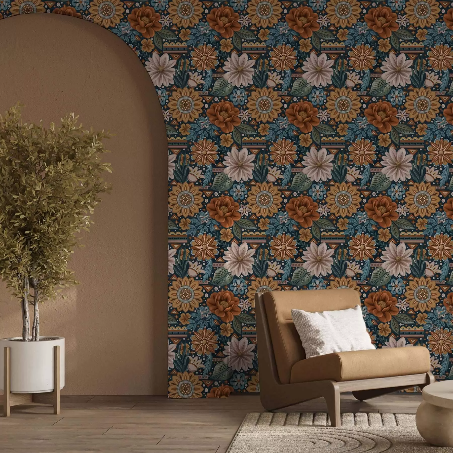 Фототапет Ярки декоративни цветя с геометрични елементи a00305