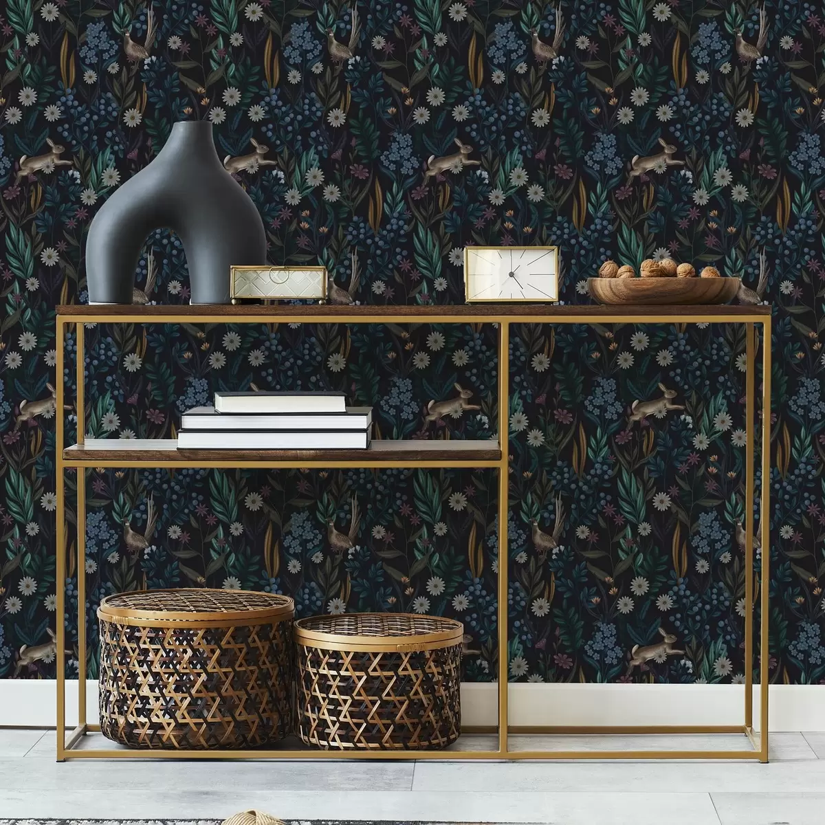 Тапети Тъмна гора с цветя, заек и птица a00310