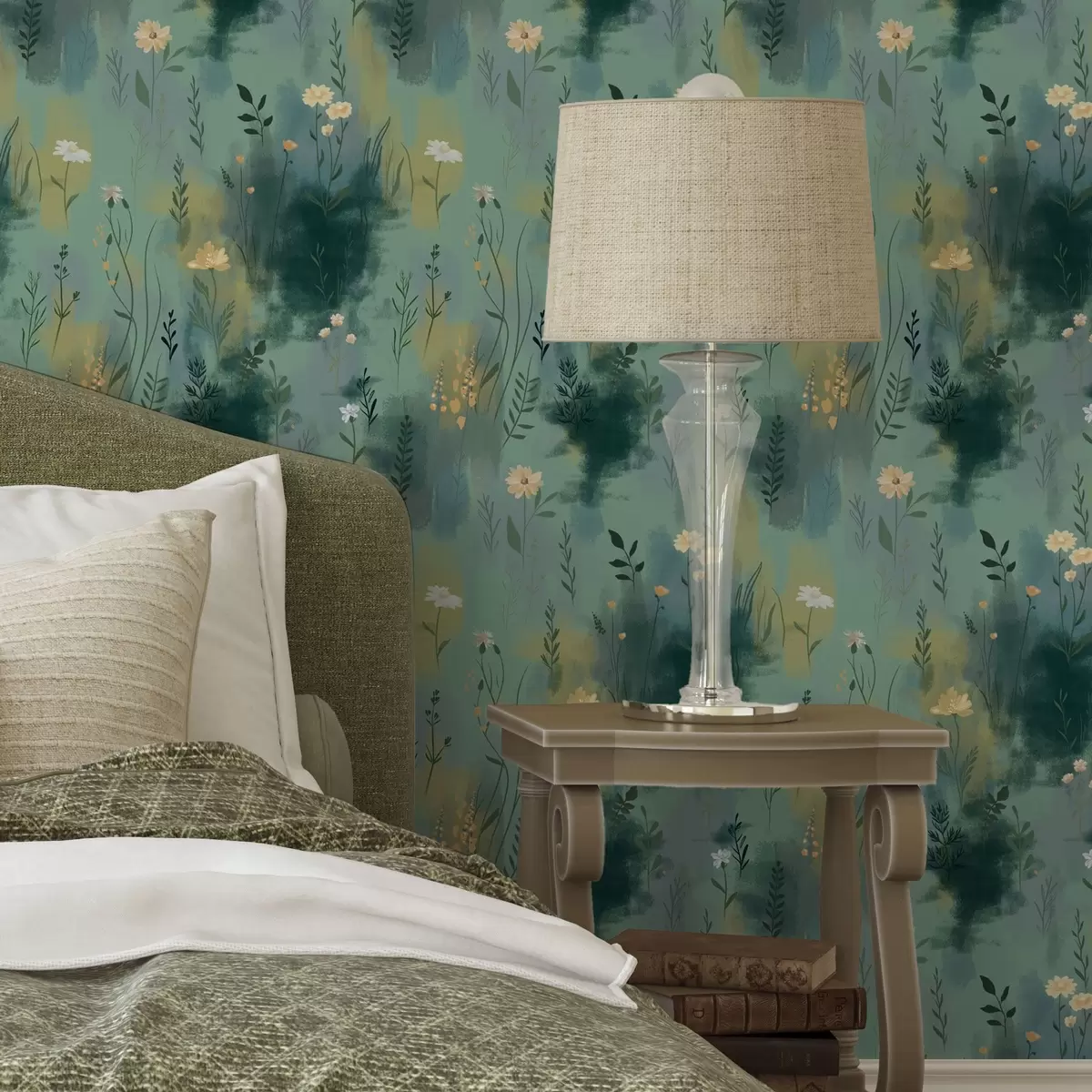 Тапети Акварелна абстракция с цветя на зелен фон a00312