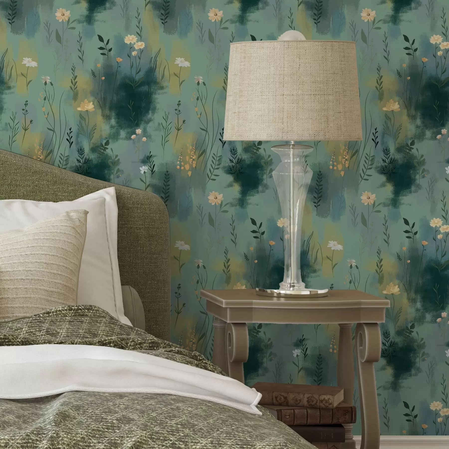 Фототапет Акварелна абстракция с цветя на зелен фон a00312