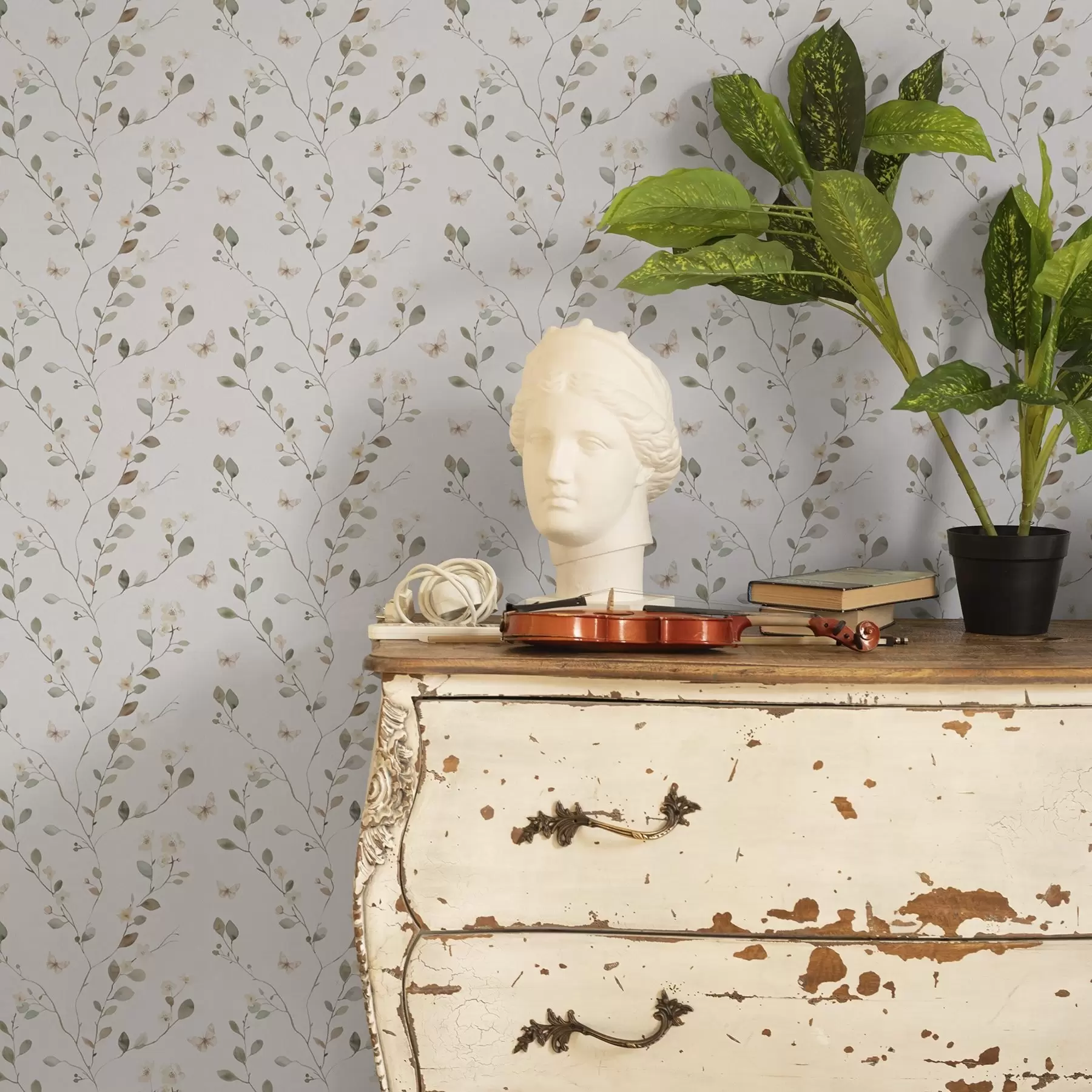 Фототапет Тънки клони с цветя и пеперуди на бял фон a00342