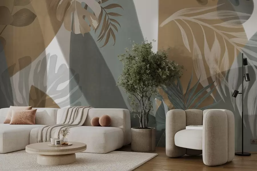 Фототапет Листа от монстера и палмови листа в десен с кафяви, бели и зелени цветове, тропическо настроение, абстрактни форми, декоративни w09288