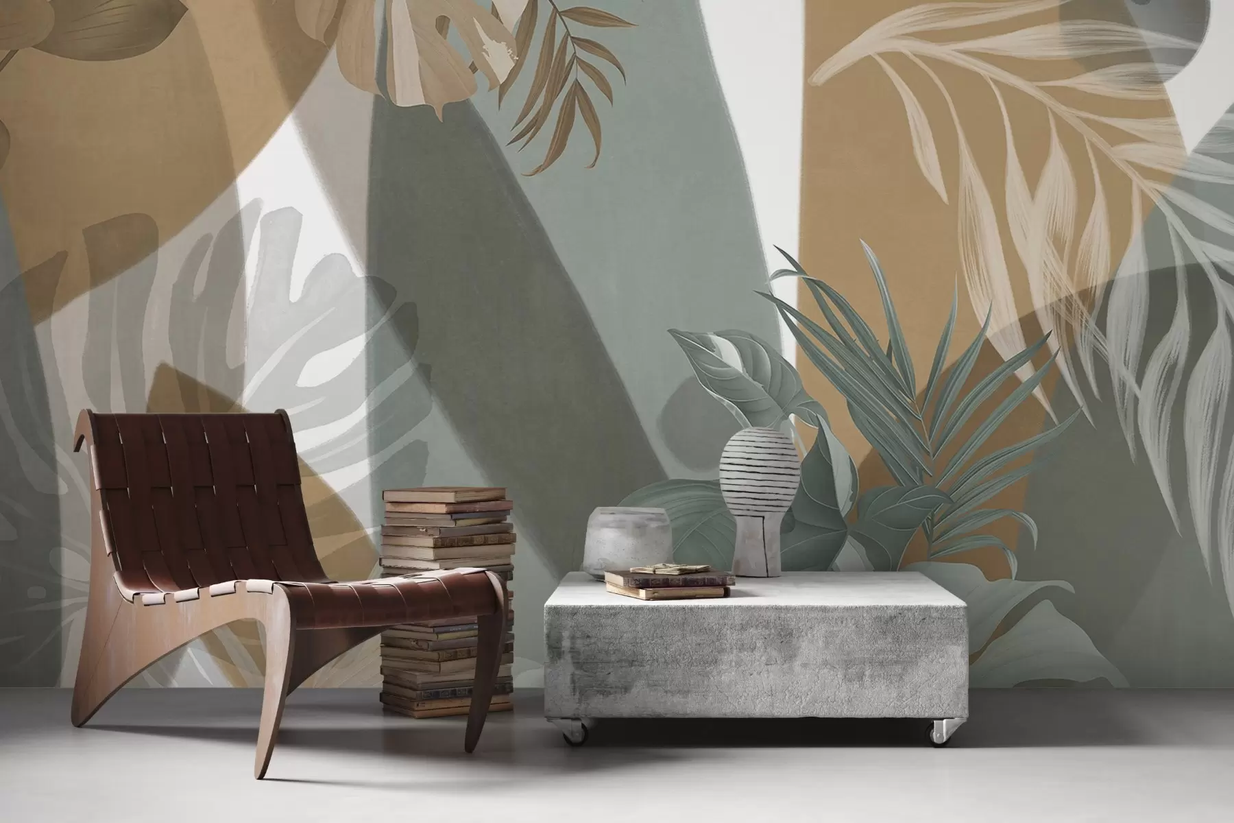 Фототапет Листа от монстера и палмови листа в десен с кафяви, бели и зелени цветове, тропическо настроение, абстрактни форми, декоративни w09288