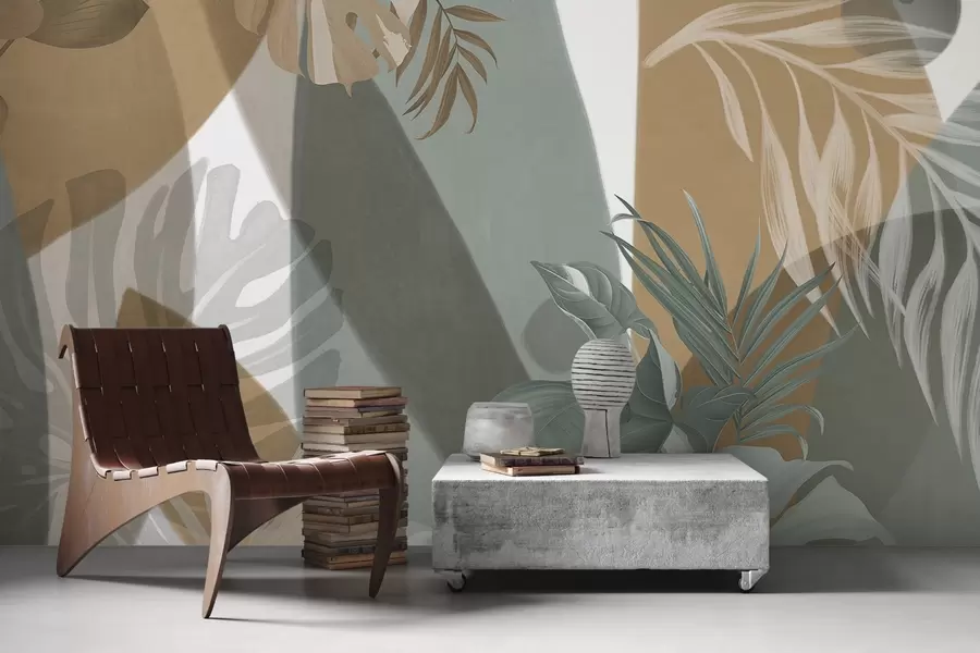 Фототапет Листа от монстера и палмови листа в десен с кафяви, бели и зелени цветове, тропическо настроение, абстрактни форми, декоративни w09288