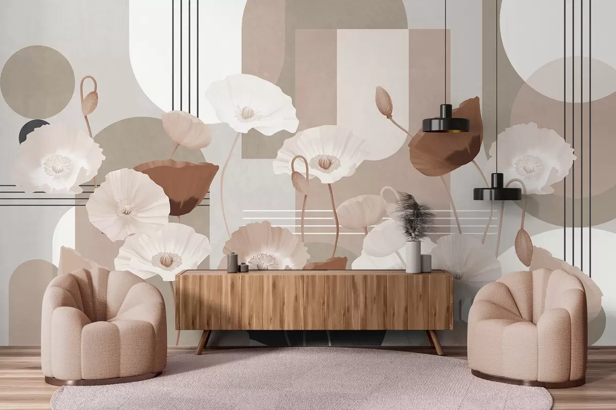 Фототапет Макове в бели и бежови цветове с геометрични форми на заден план, кръгове и арки, минималистичен стил, меки цветове w09289