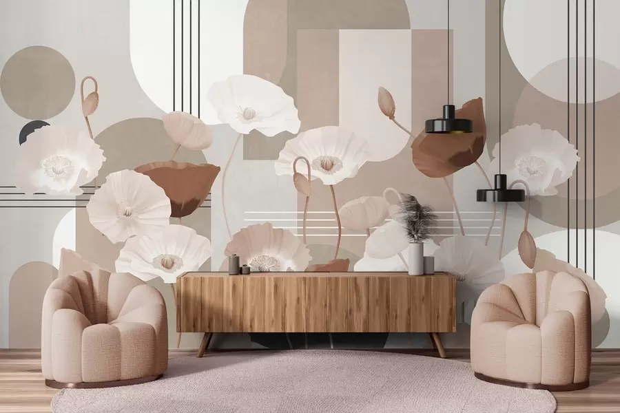 Фототапет Макове в бели и бежови цветове с геометрични форми на заден план, кръгове и арки, минималистичен стил, меки цветове w09289