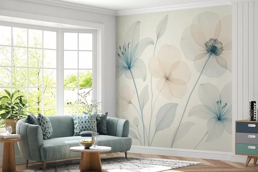 Фототапет Деликатни цветя в пастелно син и кремав акварелен стил w09287