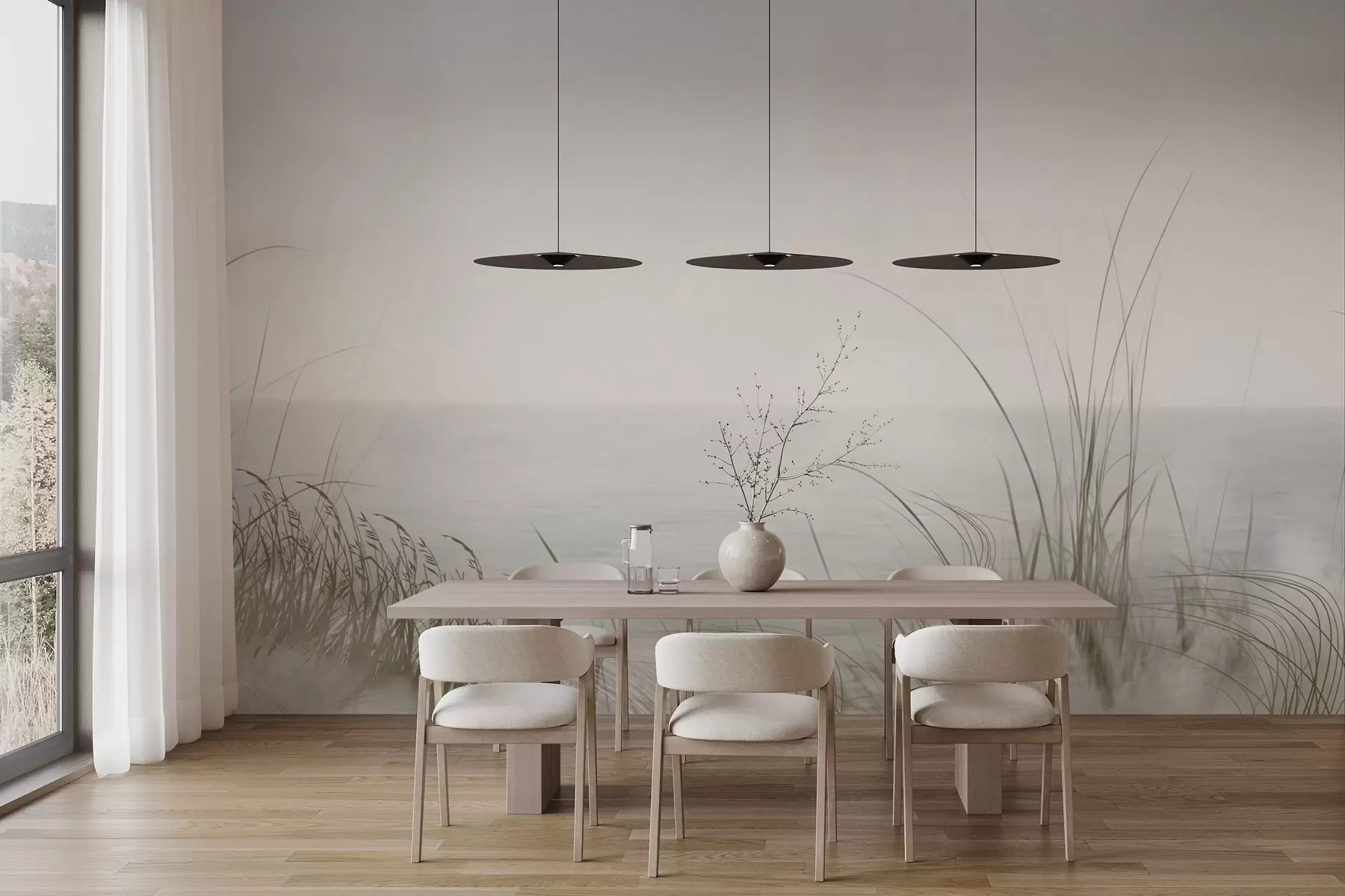 Фототапет Мъглив бряг с нежни треви на преден план w04339