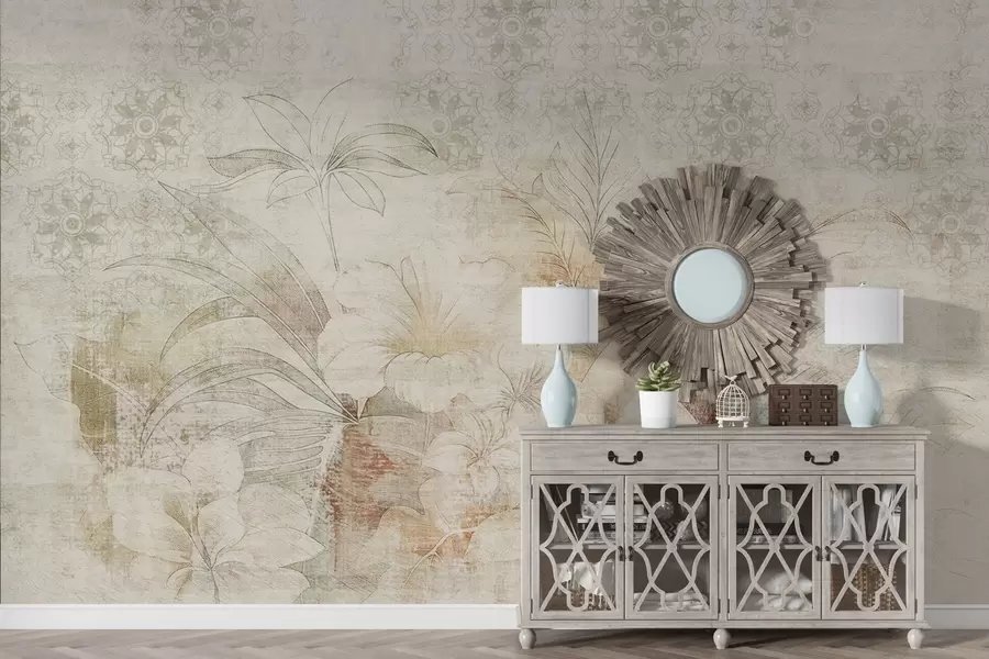 Фототапет Цветя и листа на текстуриран фон с орнаменти w04343