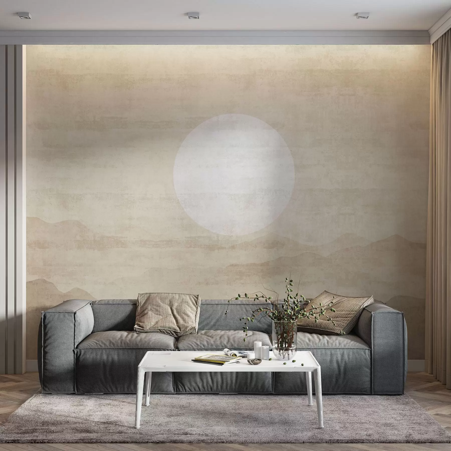 Фототапет Минималистичен планински пейзаж с голямо бяло слънце w04345