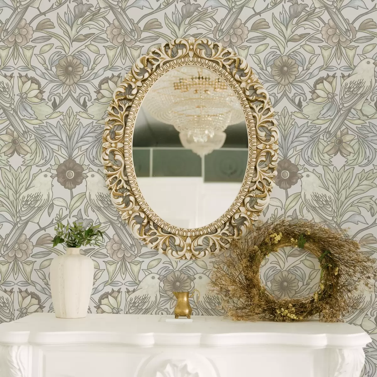 Тапети Птици и пастелни стилизирани цветя в стил ар нуво a00385