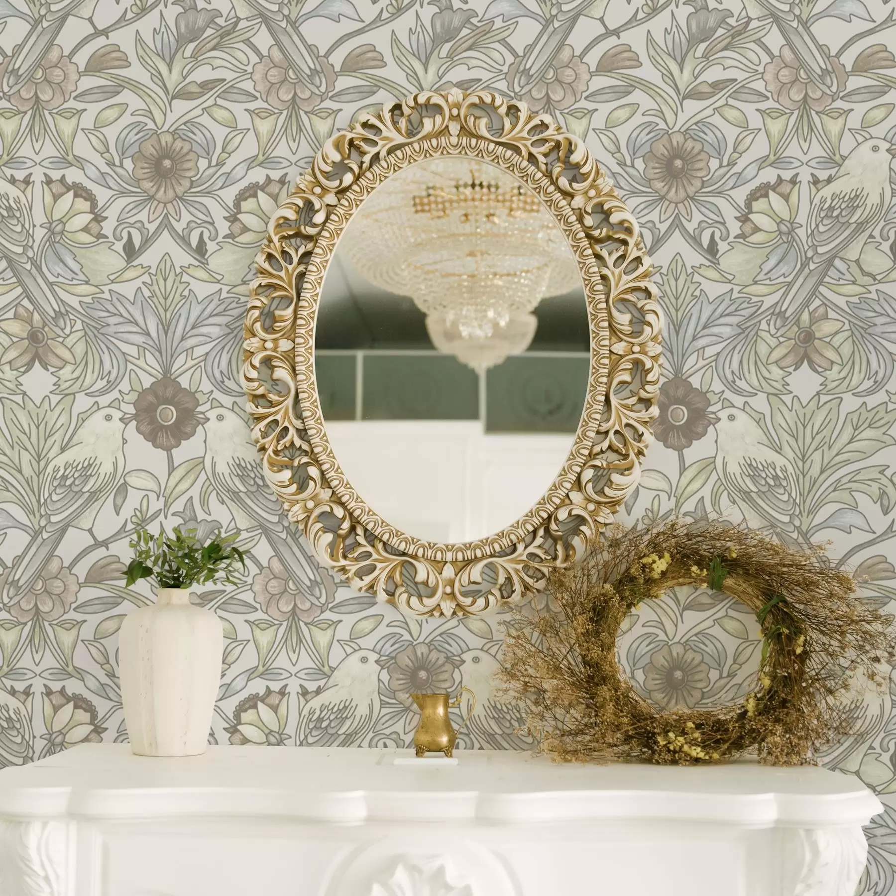 Фототапет Птици и пастелни стилизирани цветя в стил ар нуво a00385