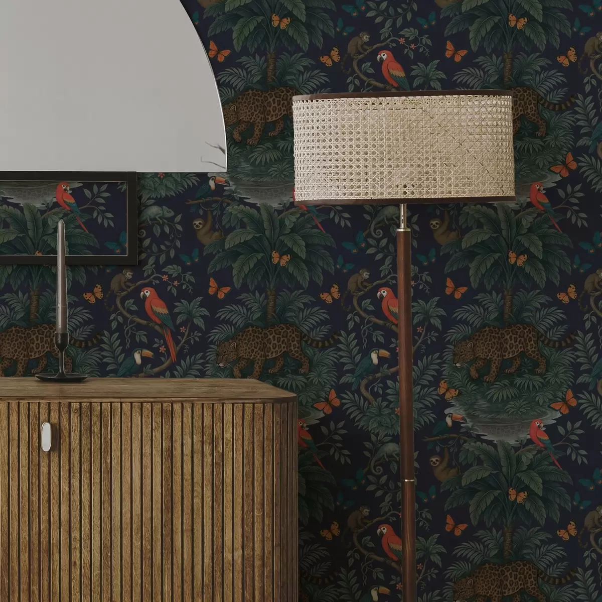 Тапети Тропическа джунгла с леопард, леопард, папагали и пеперуди a00388