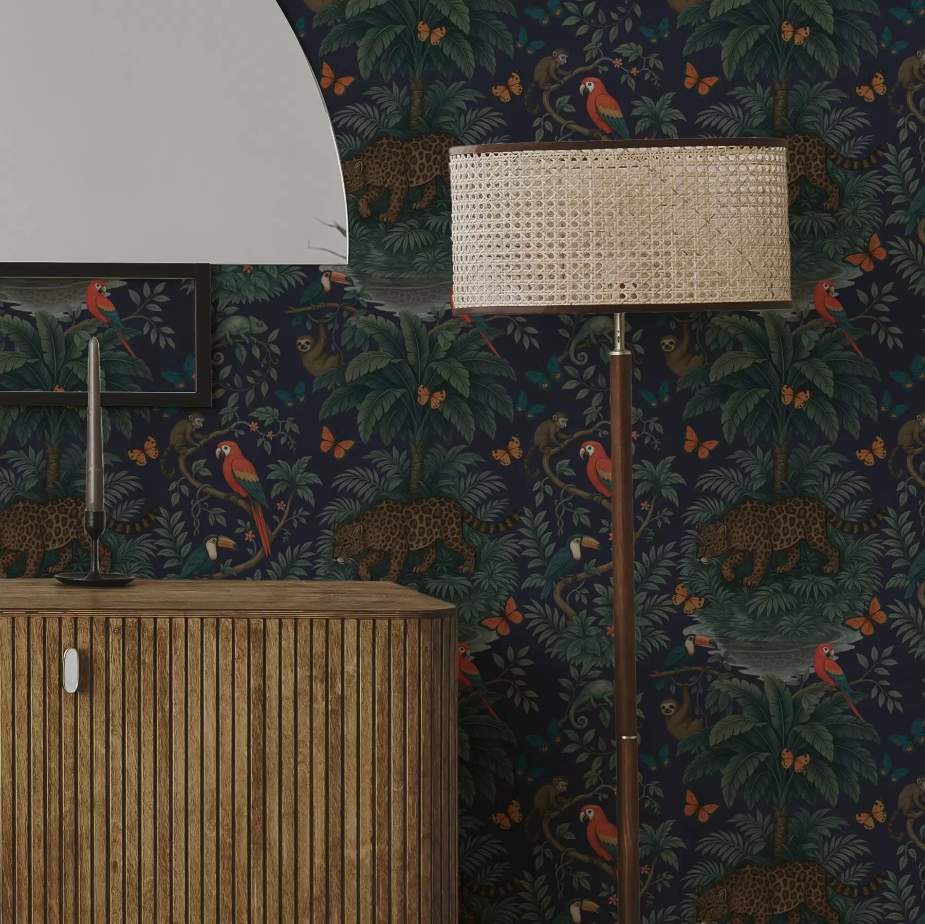 Фототапет Тропическа джунгла с леопард, леопард, папагали и пеперуди a00388