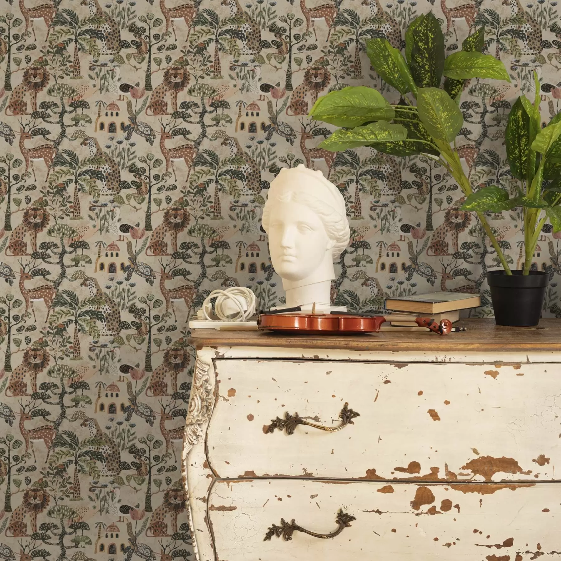 Фототапет Животни от сафари и листа от саваната в топли земни тонове a00392