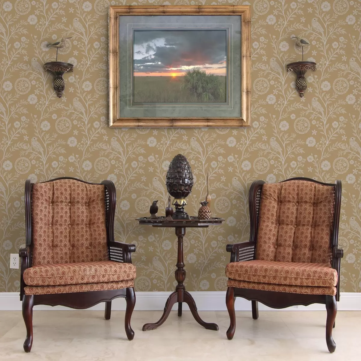 Тапети Деликатна скица на бяла птица и цвете бяла птица и цвете на фон от охра a00393