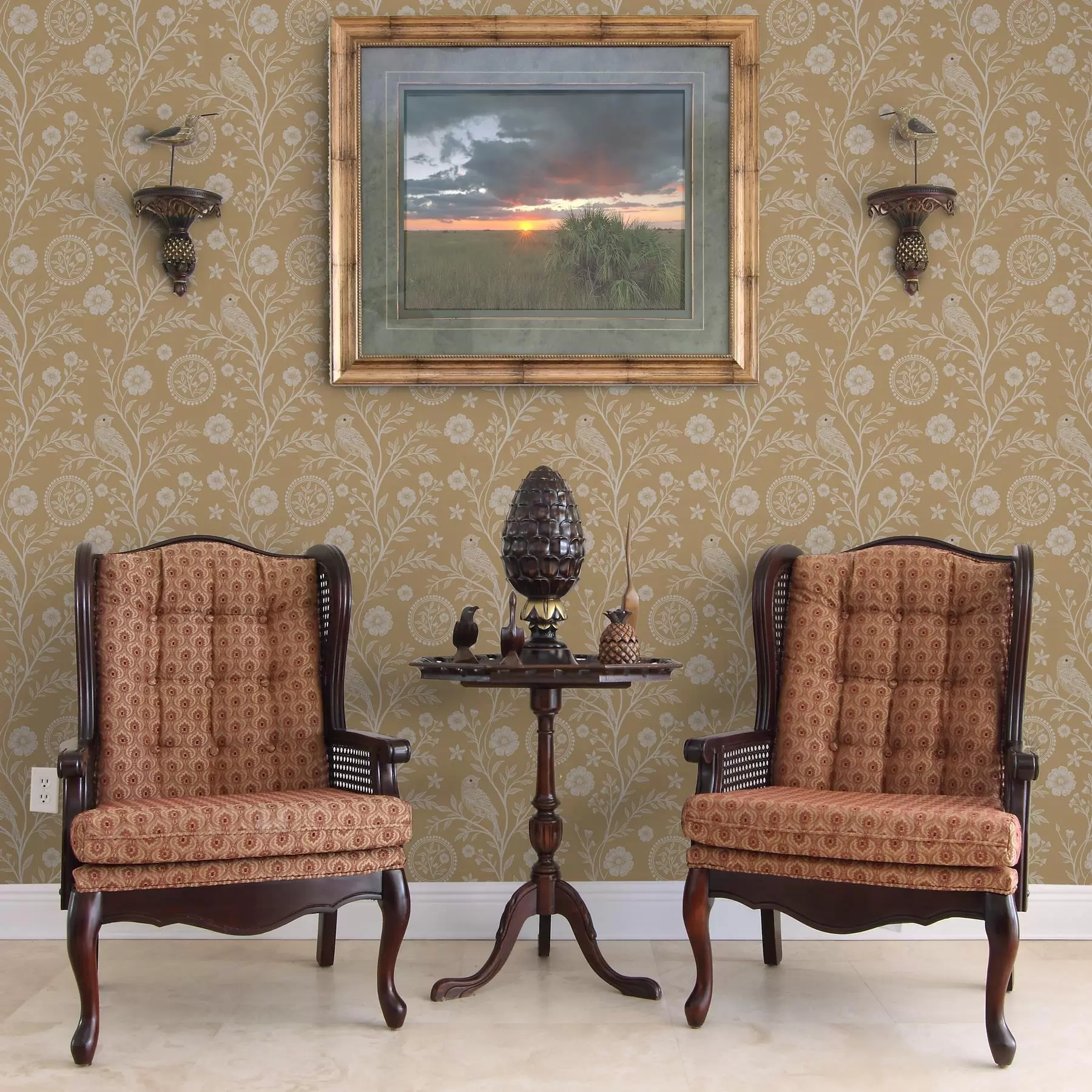 Фототапет Деликатна скица на бяла птица и цвете бяла птица и цвете на фон от охра a00393