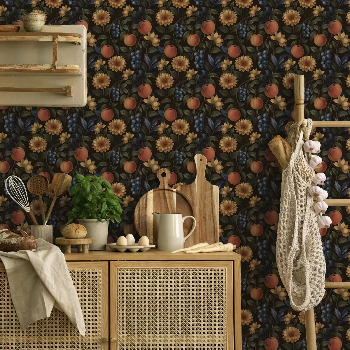 Тапети Плодове и жълти цветя на тъмен ботанически фон a00395