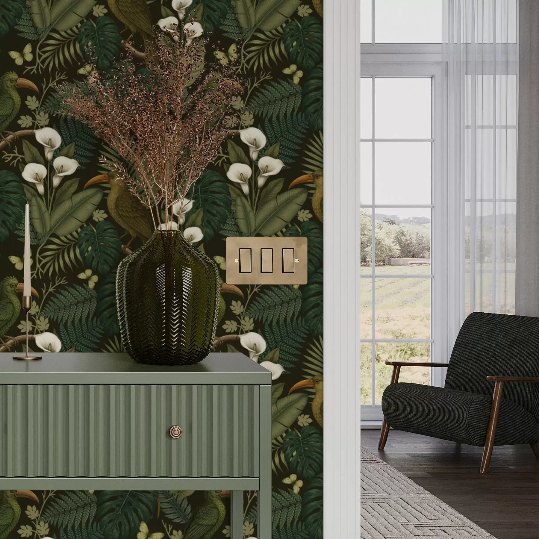 Фототапет Тропически птици и буйна зеленина на тъмен фон в джунглата a00397