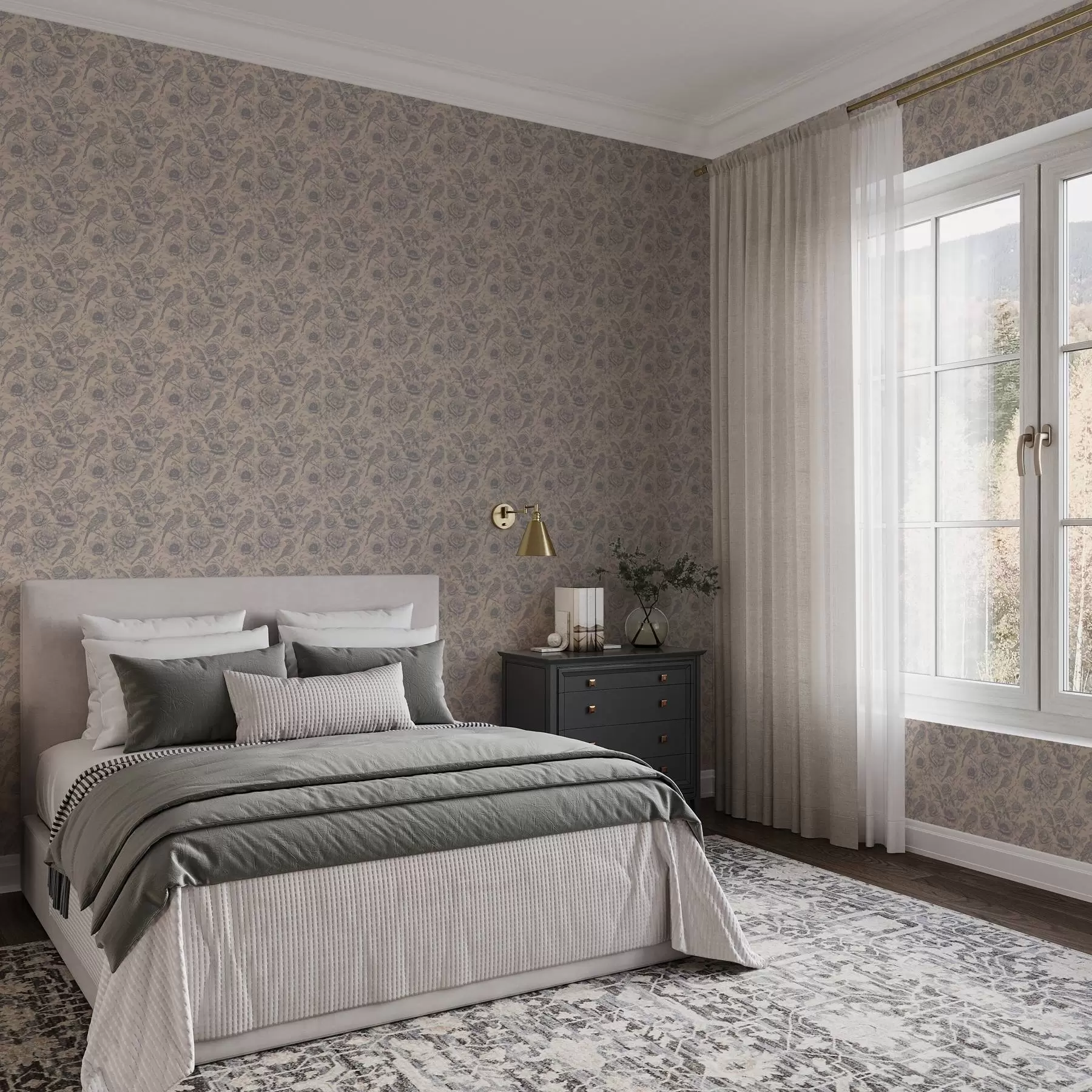 Фототапет Реколта птици и цветя на мек бежов фон a00423