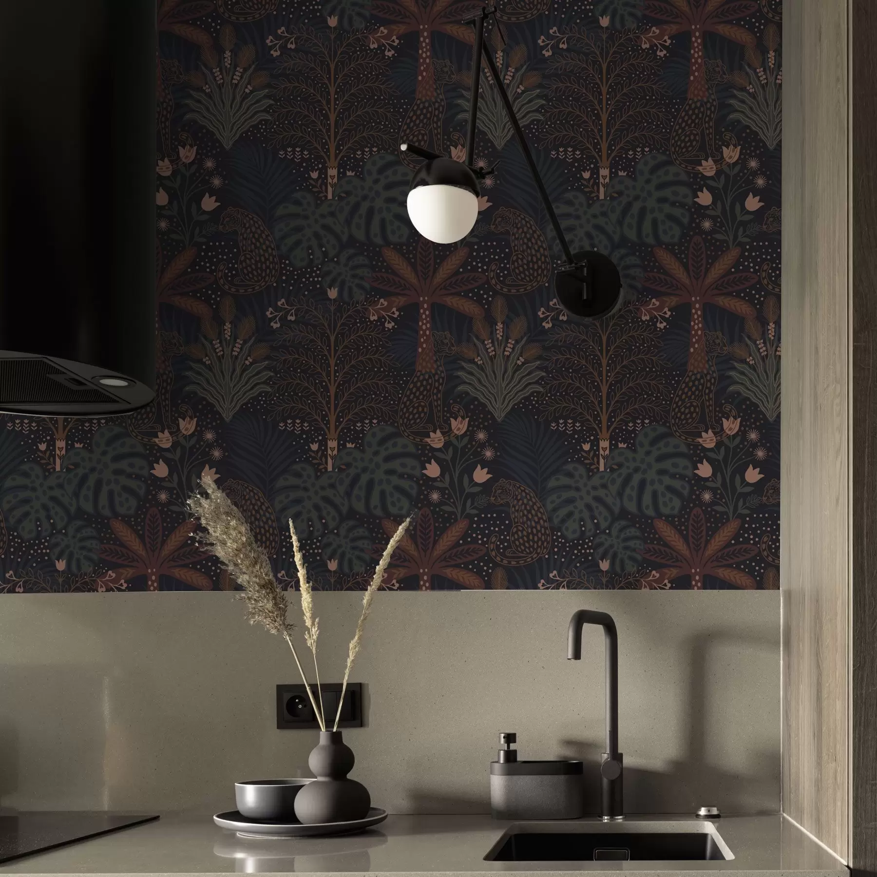 Фототапет Тъмна джунгла с леопарди палми и цветя a00424