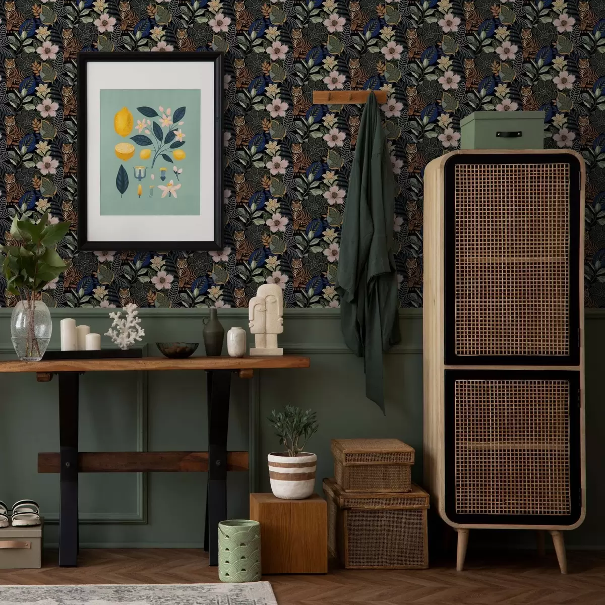 Тапети Тигри сред ярки тропически цветя и листа a00426