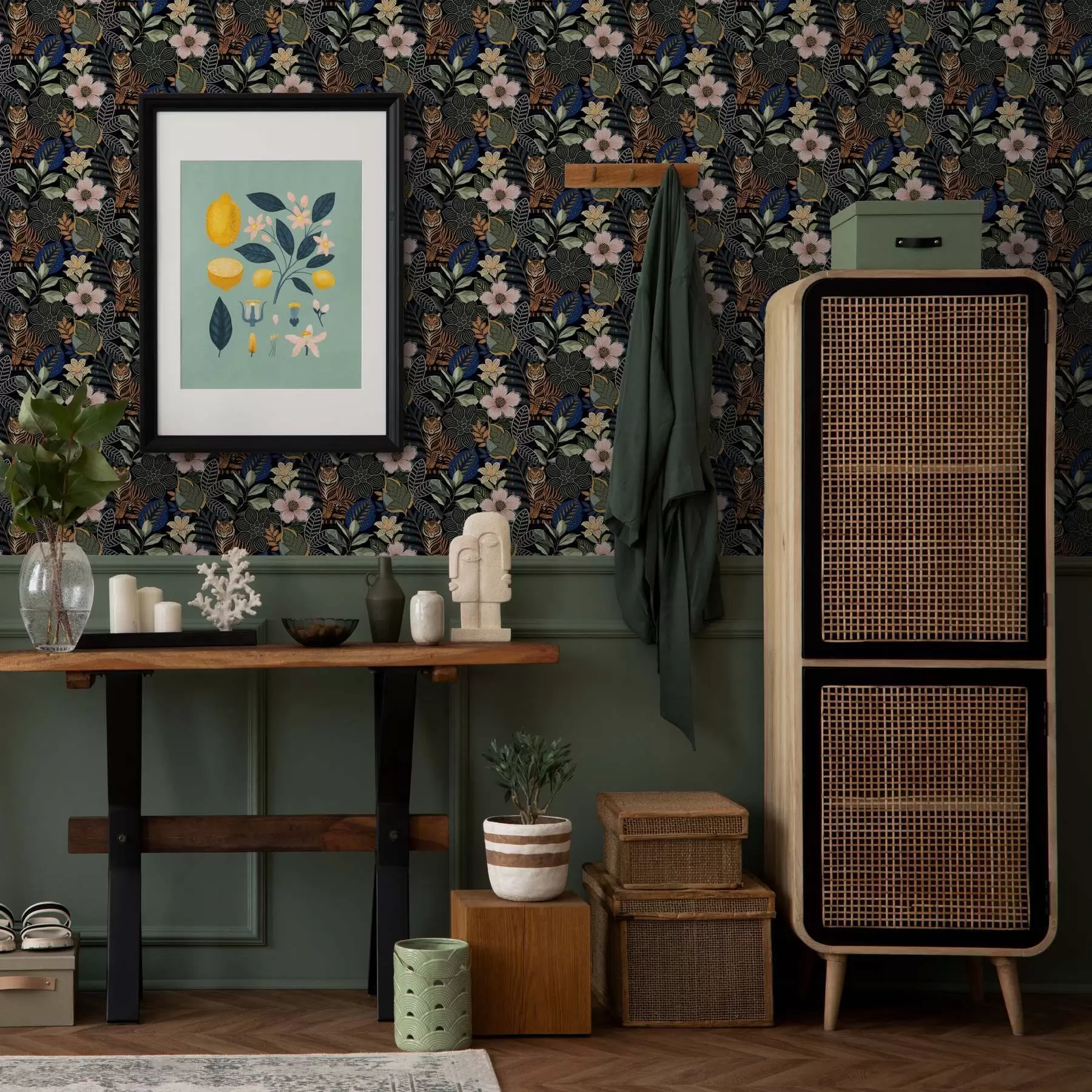 Фототапет Тигри сред ярки тропически цветя и листа a00426