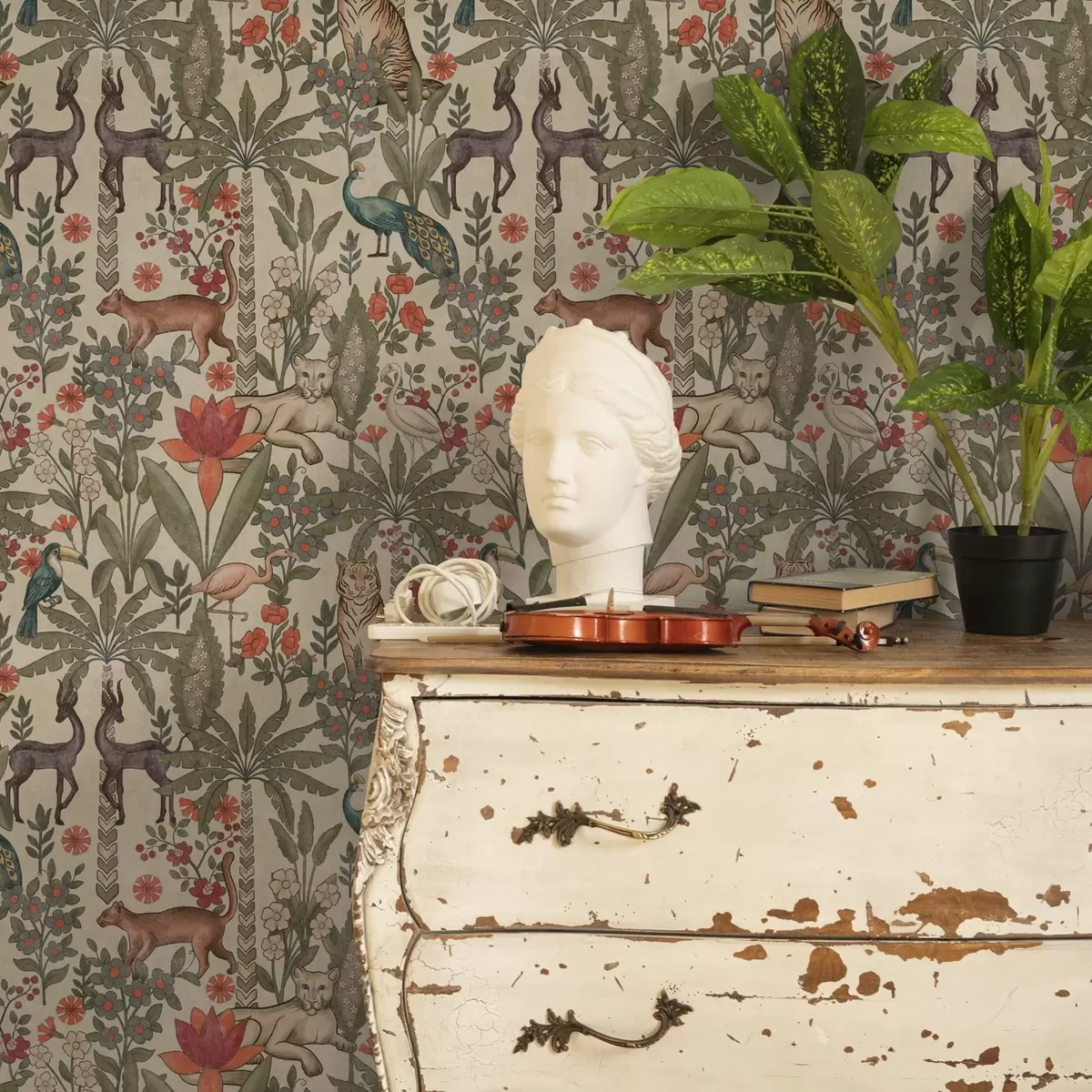 Тапети Ретро стил: Животни и цветя на винтидж фон a00431