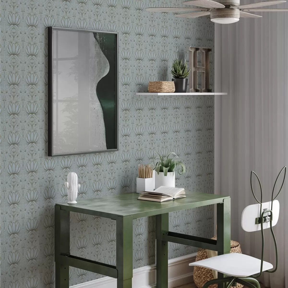 Тапети Лотосов орнамент в тюркоазена и жълта палитра a00439