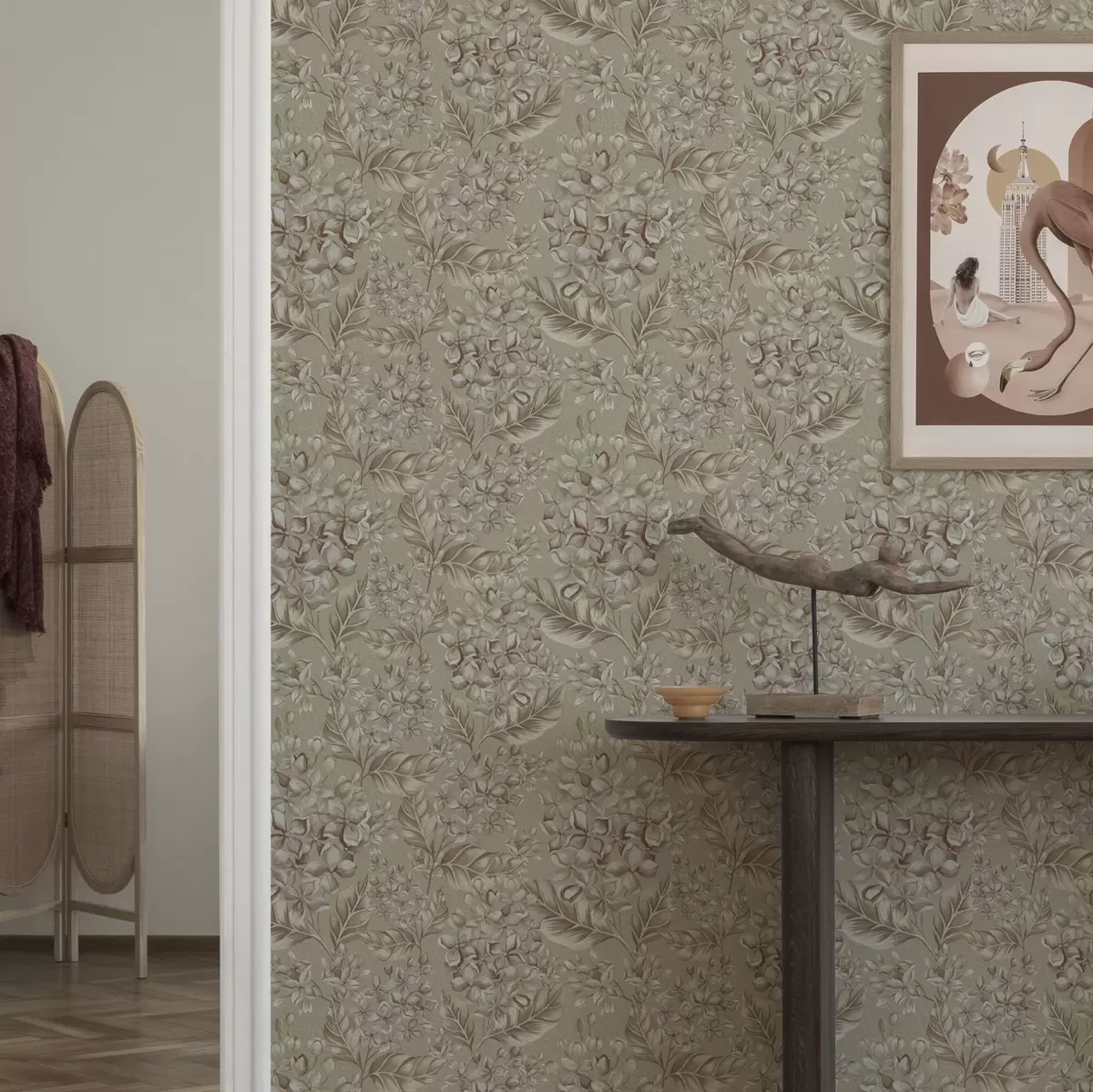 Тапети Бежови клони с бели цветя в топли нюанси a00441