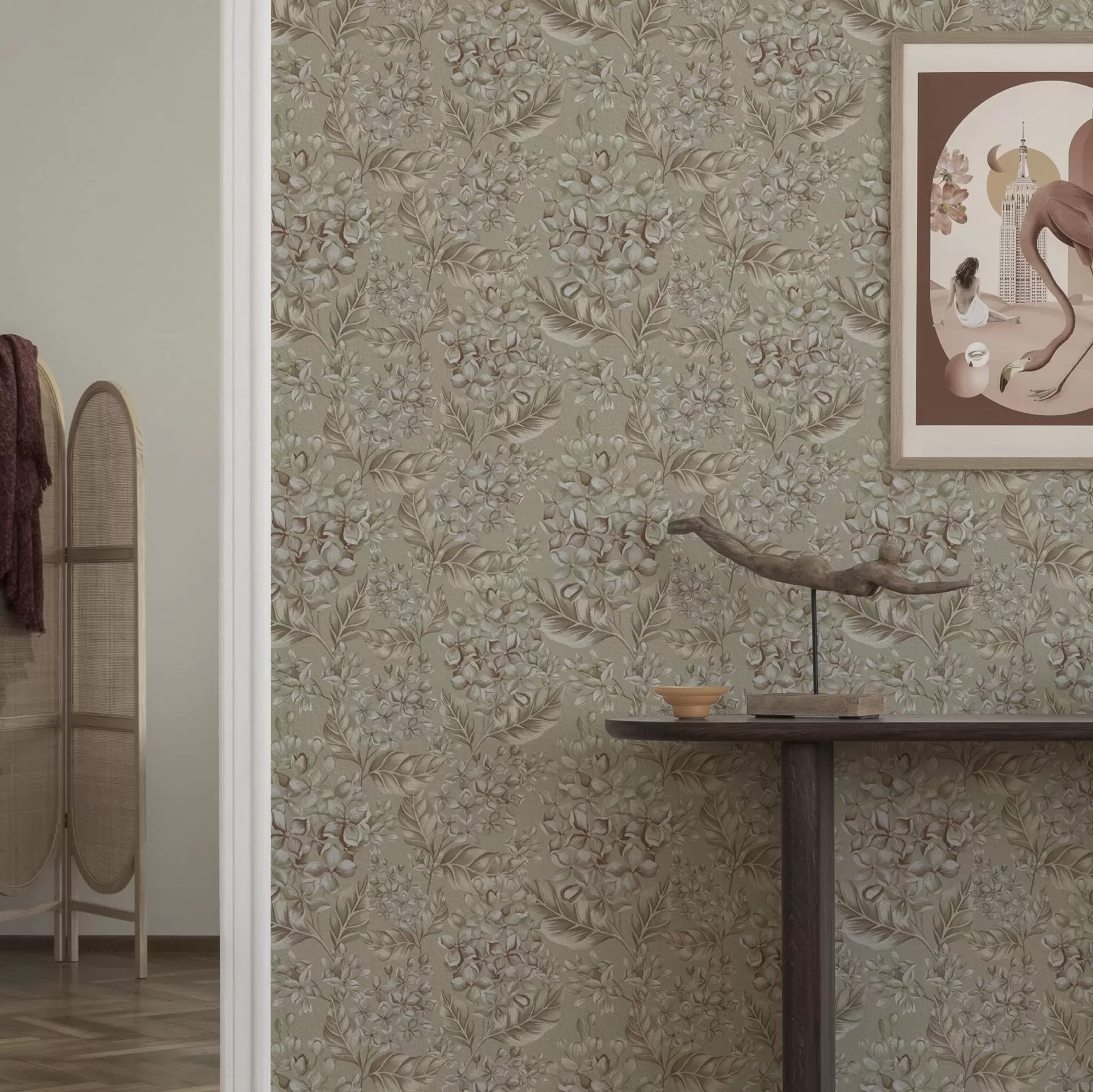 Фототапет Бежови клони с бели цветя в топли нюанси a00441