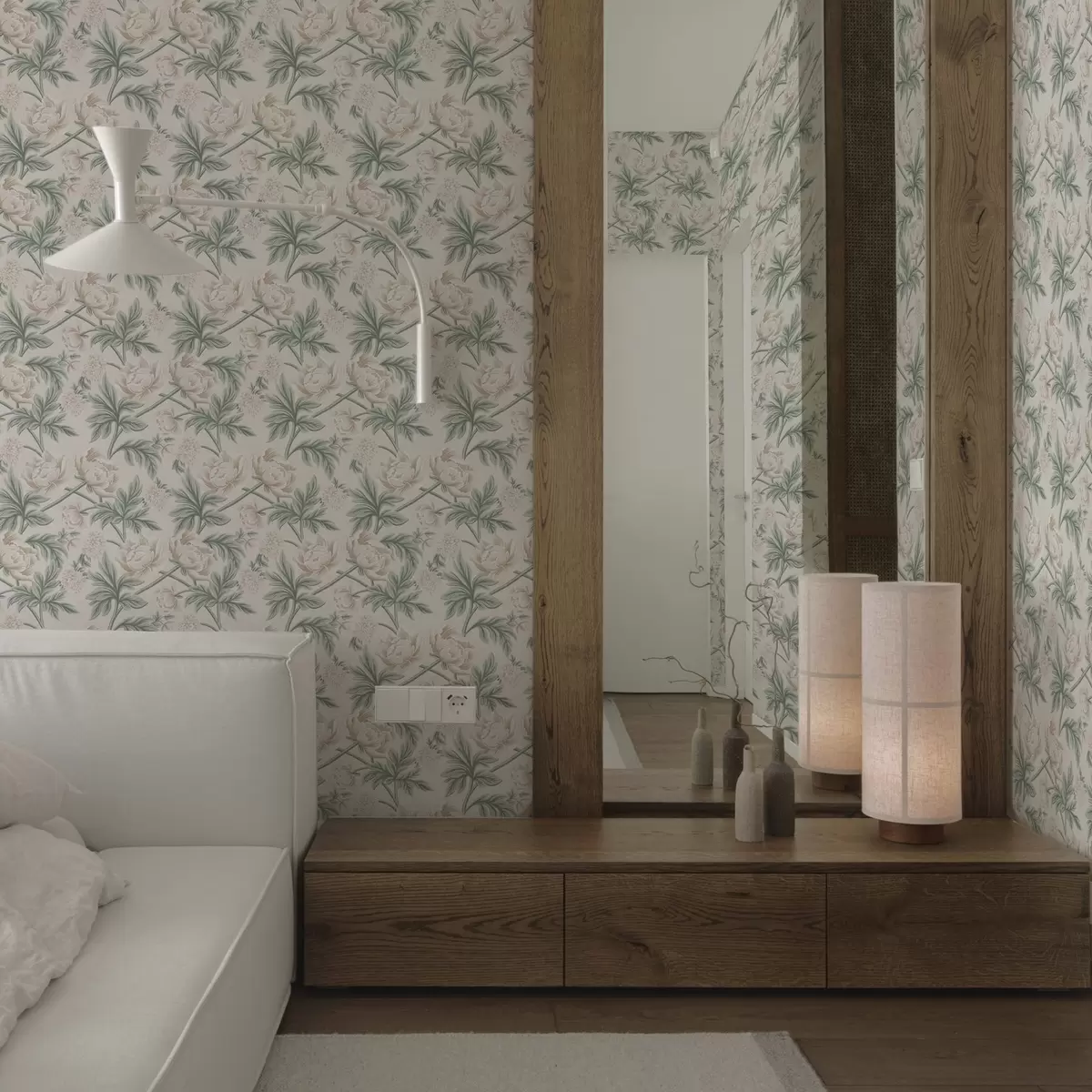 Тапети Пищни божури в светло бежово и зелено бежово и зелено a00445