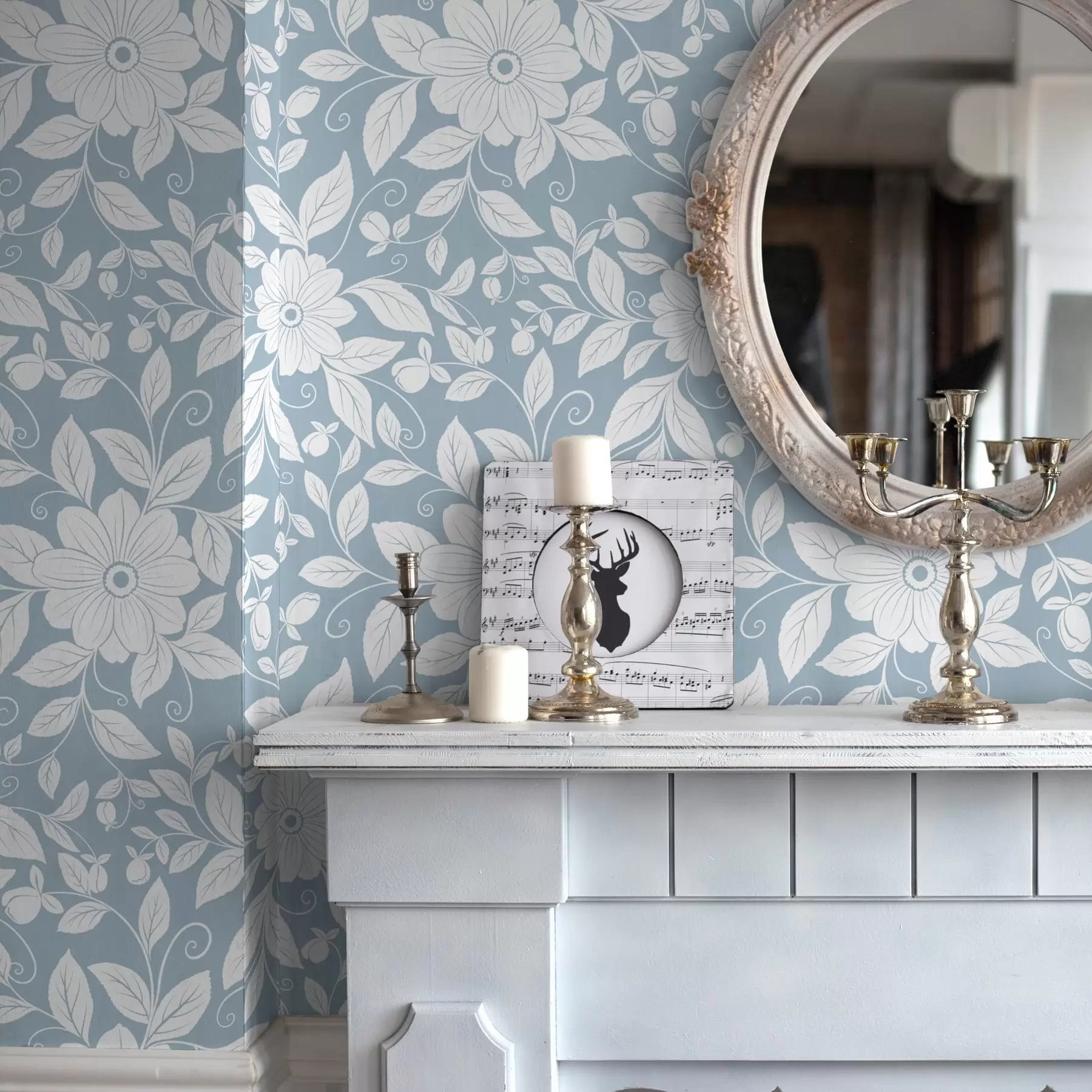 Фототапет Бял цветен контур на пастелно син фон a00452