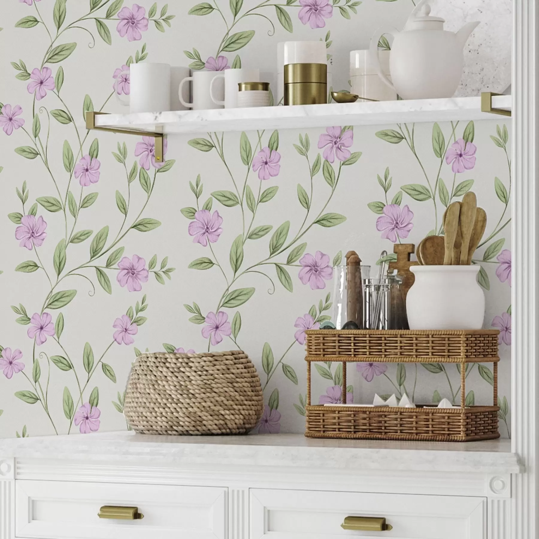 Фототапет Розови цветя със зелени лози на кремав фон a00453