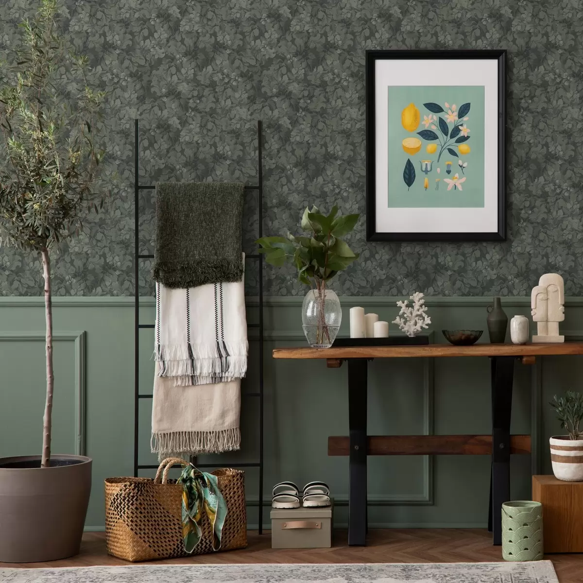 Тапети Тъмна текстура на листата с жълъди в наситено зелено a00461