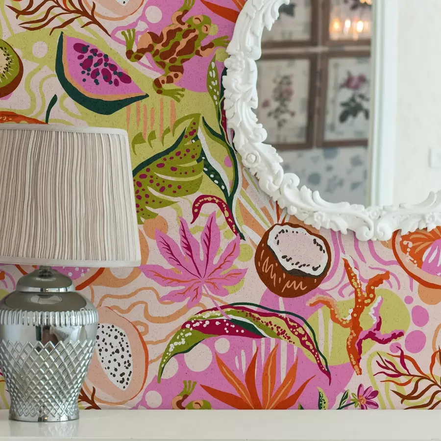 Фототапет Екзотични плодове, листа и хамелеони в тропически стил a00469