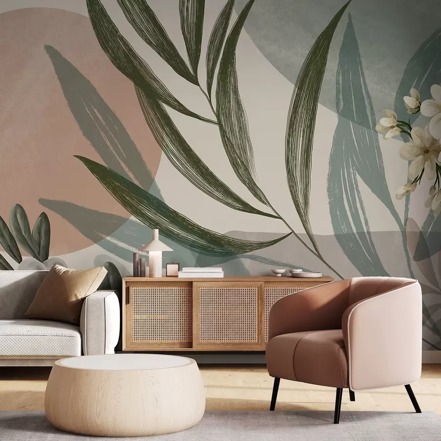 Фототапет Абстрактно ботаническо изкуство със зелени палмови листа и бели плодове на фона на форми в приглушени земни тонове w09312