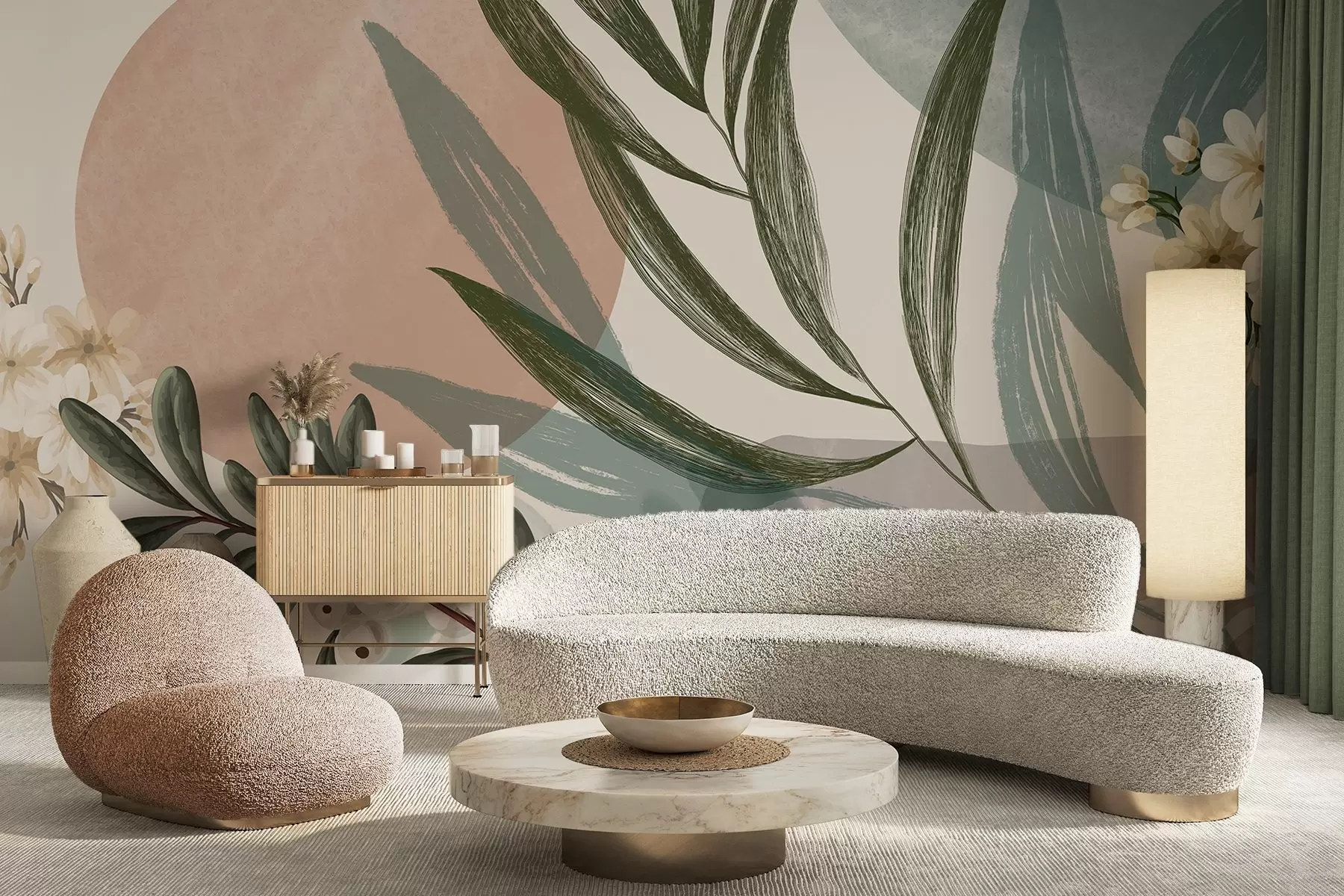 Фототапет Абстрактно ботаническо изкуство със зелени палмови листа и бели плодове на фона на форми в приглушени земни тонове w09312