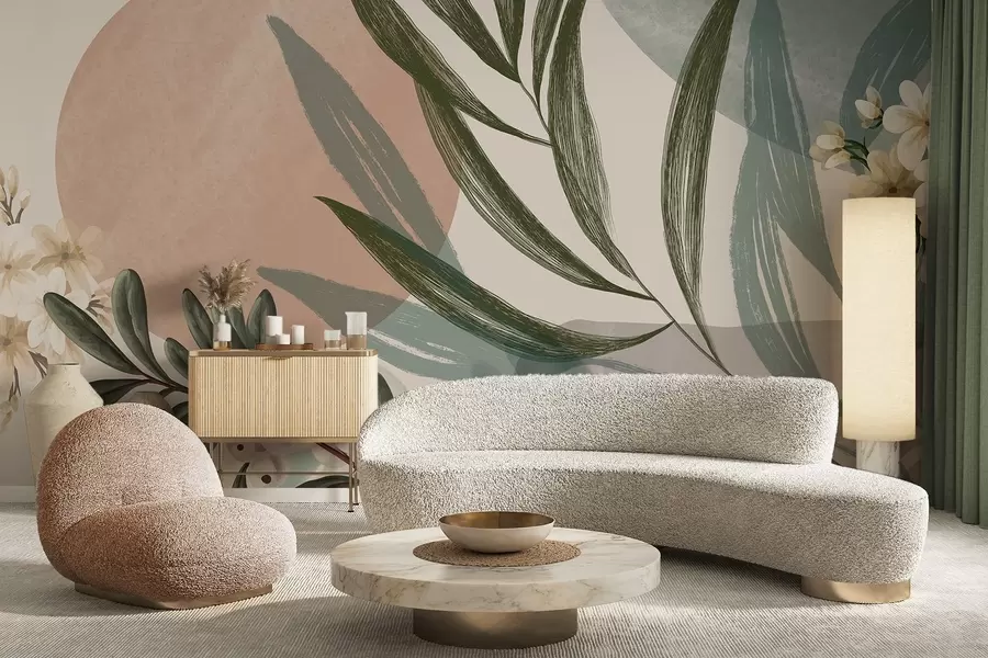 Фототапет Абстрактно ботаническо изкуство със зелени палмови листа и бели плодове на фона на форми в приглушени земни тонове w09312