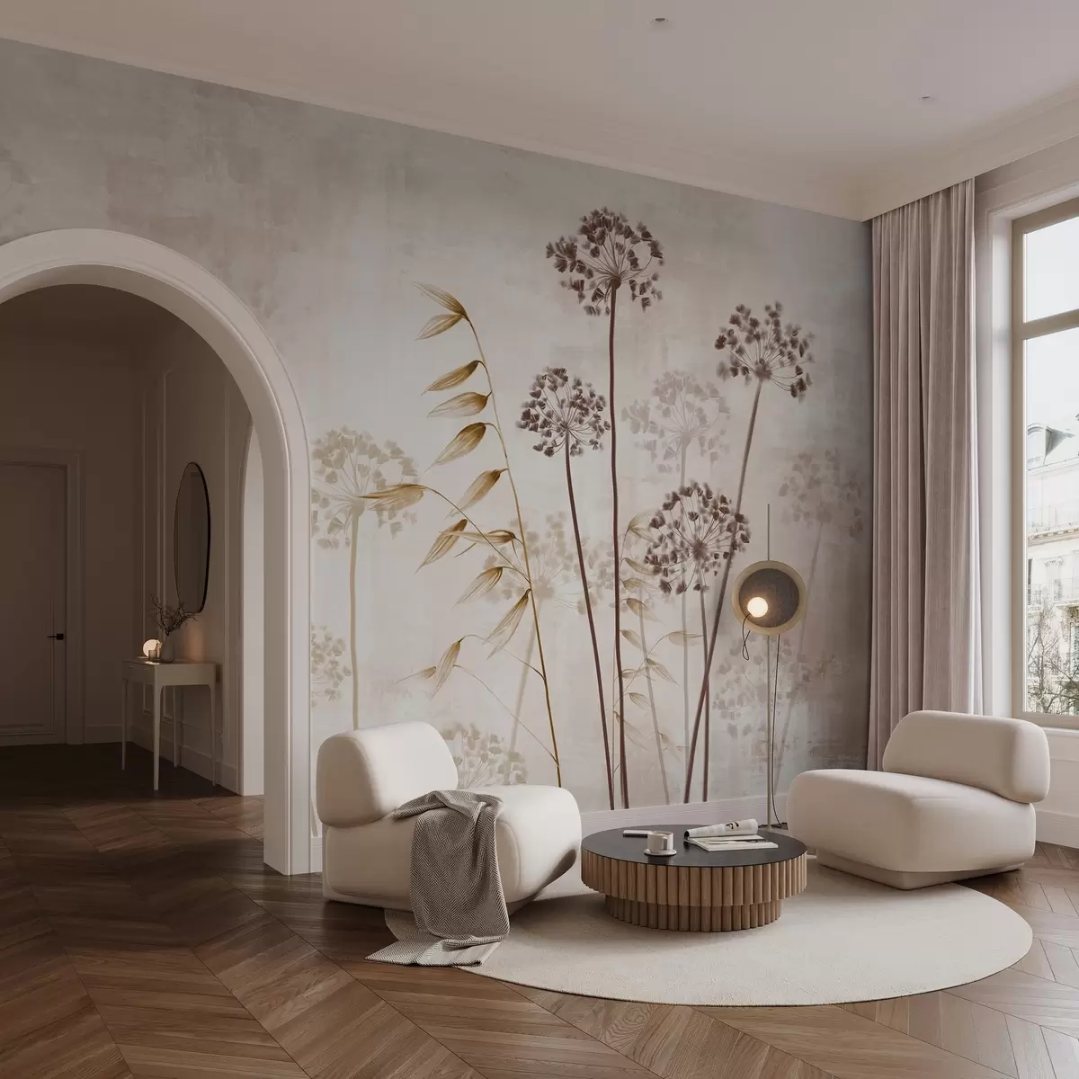 Фототапет Рисунка на сухи цветя с дълги стъбла, монохромна палитра, на текстуриран, светлобежов фон, ботаническа илюстрация w09314v1