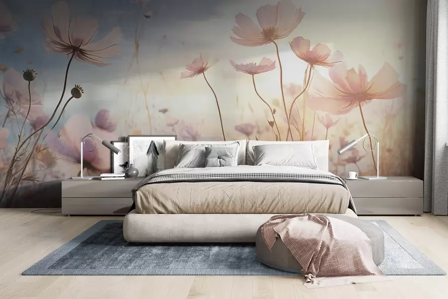 Фототапет Поле от розови текстурирани цветя с дълги стъбла на фона на меко синьо и жълто небе, което създава мечтателна атмосфера w09320