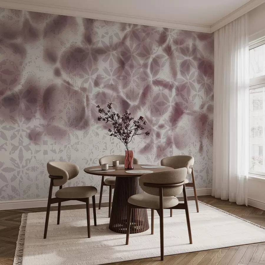 Фототапет Абстрактно текстурирано изкуство с флорален принт на бордо, избледнял и размазан ефект, създаващ мека и мечтателна атмосфера w09322v1