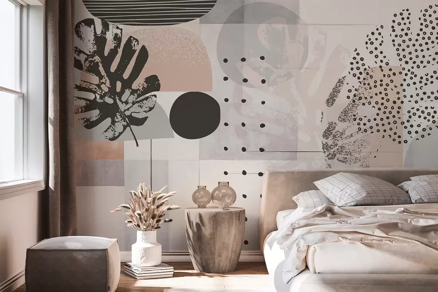 Фототапет Абстрактен принт с геометрични фигури и тропически листа от монстера, кръгове, точки и линии, модерен и минималистичен дизайн w09333