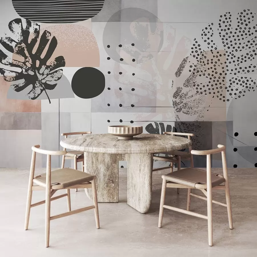 Фототапет Абстрактен принт с геометрични фигури и тропически листа от монстера, кръгове, точки и линии, модерен и минималистичен дизайн w09333