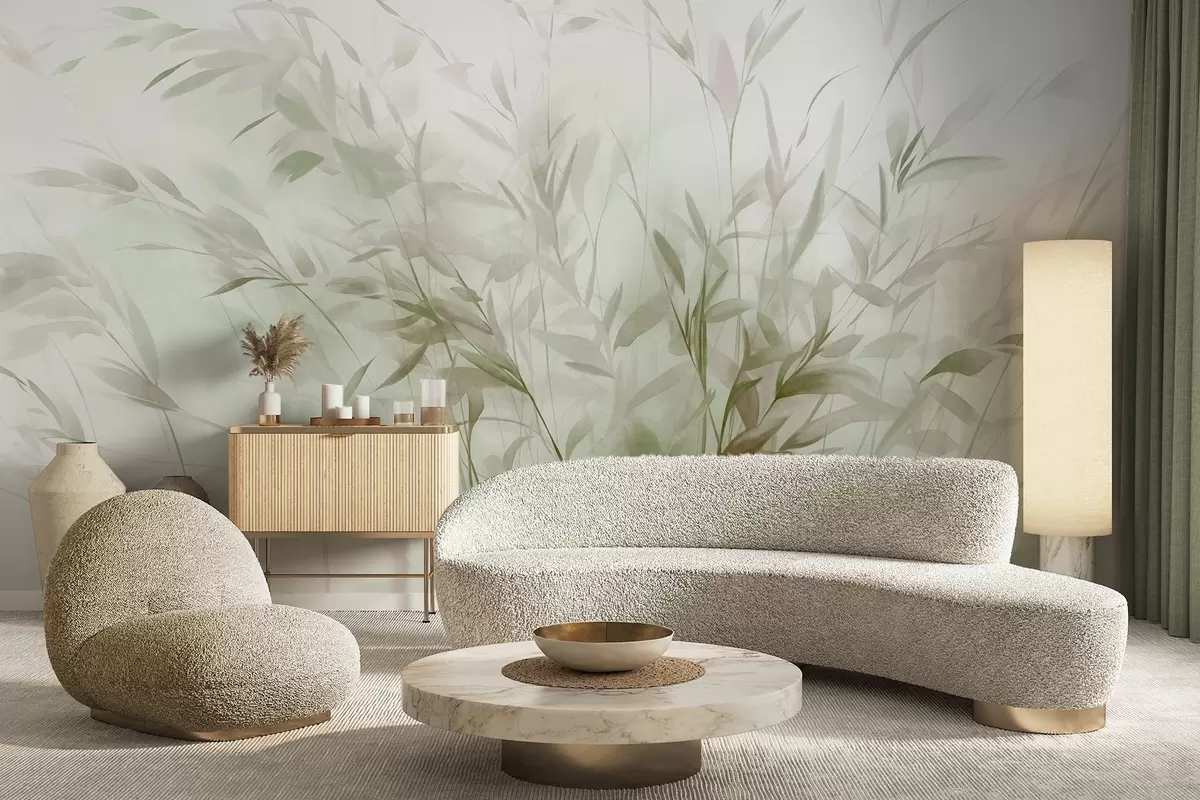 Фототапет Трева и плевели с тънки листа и стъбла, светлозелени и кафяви цветове, меки и деликатни движения на четката, минималистичен печат w09342